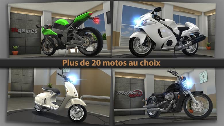 Capture officielle de Traffic Rider : le garage du jeu avec quatre motos, une sportive verte, une sportive blanche, un scooter crème et une moto noire, sous le texte « Plus de 20 motos au choix »