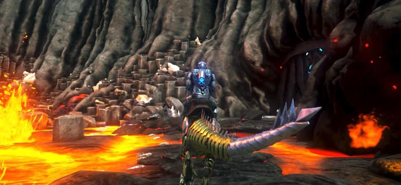 Monture d'ARK: Ultimate Mobile Edition devant une coulée de lave, vue de dos