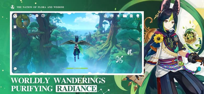 Écran de jeu de Genshin Impact : un personnage plane au-dessus d'une forêt de Sumeru
