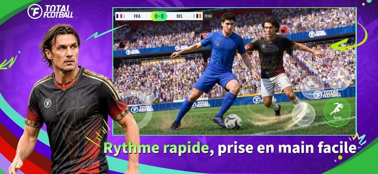 Match de Total Football : un attaquant en bleu dribble un défenseur devant une tribune pleine