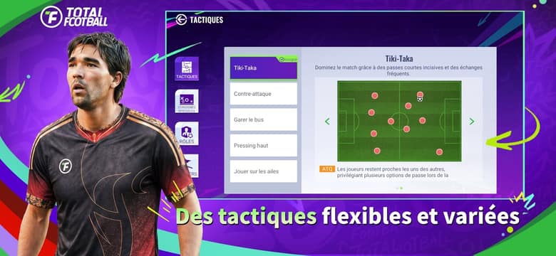 Écran des tactiques de Total Football, avec le schéma Tiki-Taka sur un terrain