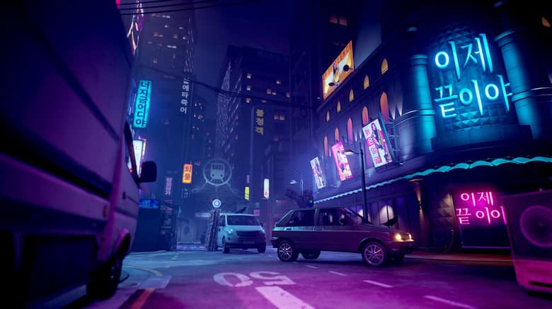 Capture officielle de Dead by Daylight : une rue de ville la nuit, éclairée par des enseignes au néon violettes et bleues, avec des voitures garées