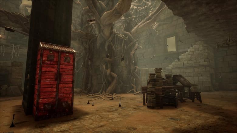 Capture officielle de Dead by Daylight : une salle en ruines aux murs de pierre envahis de racines, avec une armoire rouge et une table couverte de piles de livres