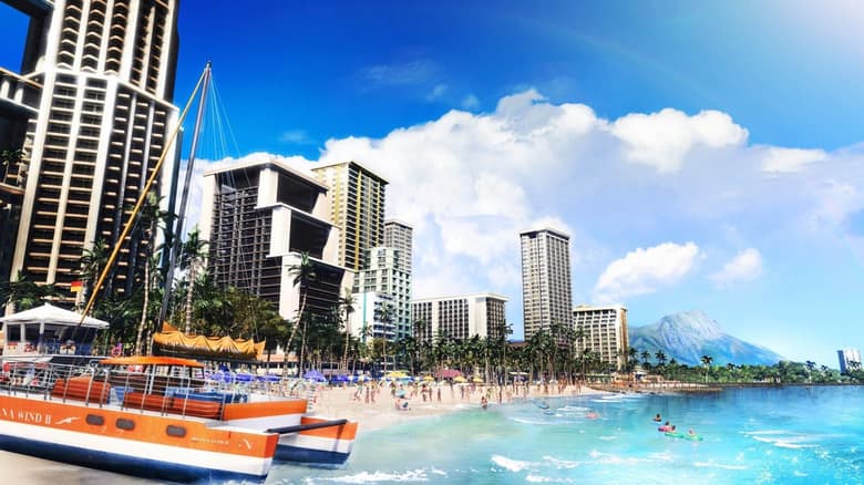 Capture officielle de Like a Dragon: Infinite Wealth : une plage d'Hawaï ensoleillée, avec des hôtels en arrière-plan, des baigneurs et un bateau orange au premier plan