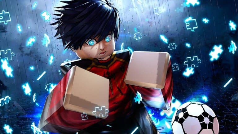 Visuel officiel de Blue Lock Rivals : un attaquant aux yeux bleus entouré de pièces de puzzle