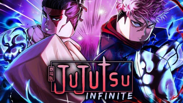Visuel officiel de Jujutsu Infinite : deux sorciers prêts au combat, avec le logo du jeu