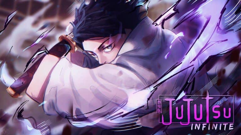 Visuel officiel de Jujutsu Infinite : un sorcier tenant un sabre, avec le logo du jeu
