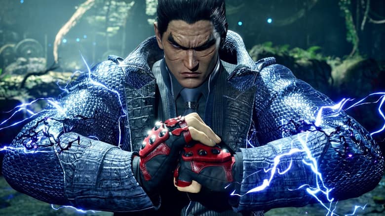 Kazuya Mishima, en costume, serre son poing ganté pendant que des éclairs bleus l'entourent