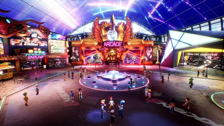 Une grande salle d'arcade virtuelle où des dizaines de petits avatars se croisent devant les bornes