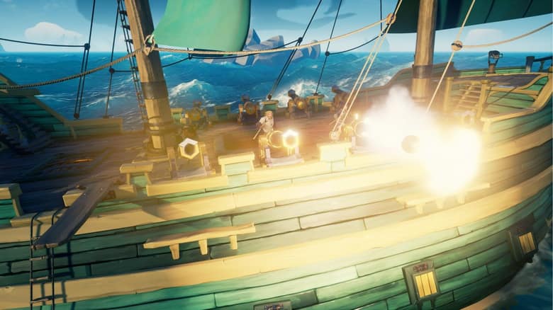 Un pirate tire au canon depuis le pont d'un navire, en pleine mer