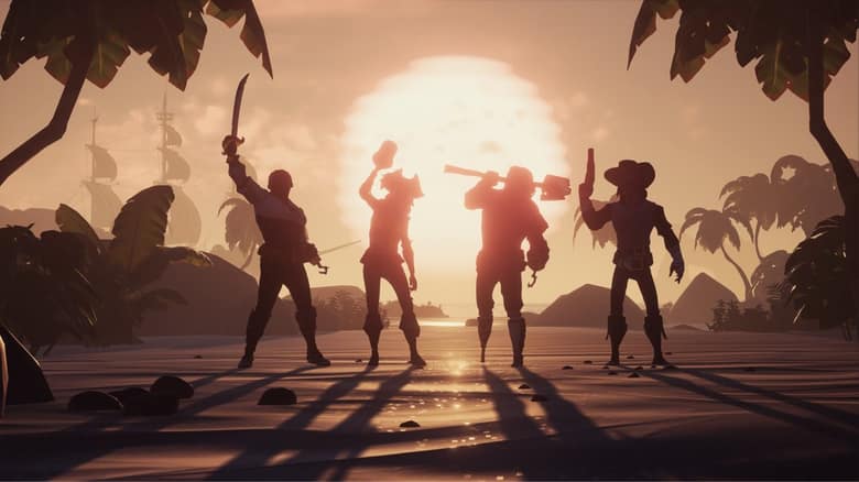 Quatre pirates en silhouette lèvent leurs armes sur une plage, devant un soleil couchant et un navire