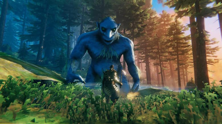 Un Viking armé fait face à un troll bleu géant dans une forêt de pins
