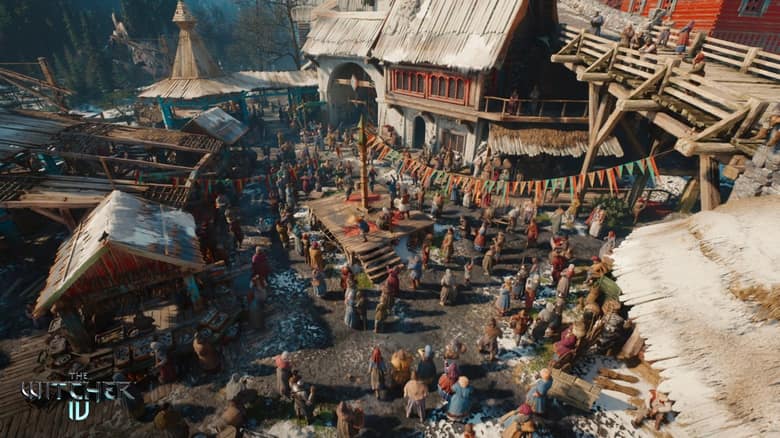 Une vue plongeante sur le marché animé du port de Valdrest, avec des centaines de passants entre des maisons en bois enneigées