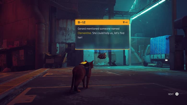 Le chat roux de dos dans une rue de nuit, face à un message du drone B-12 qui parle de Clementine
