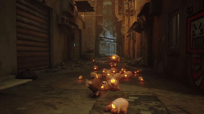 Le chat court dans une ruelle sombre, poursuivi par une nuée de petites créatures aux yeux lumineux
