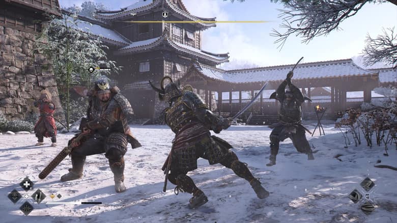 Yasuke en armure de samouraï, entouré de soldats ennemis dans la cour enneigée d'un château