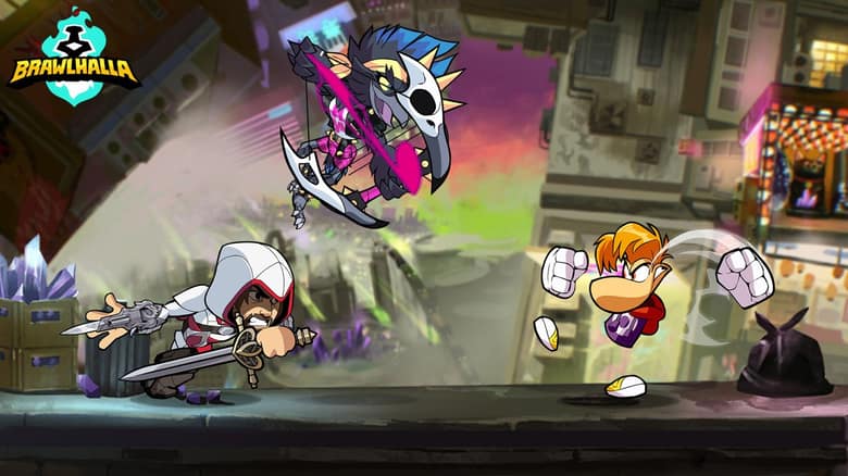 Ezio, en tenue blanche d'Assassin, et Rayman se battent dans une arène urbaine éclairée au néon