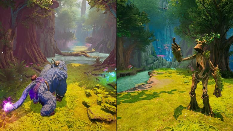 Écran partagé dans une forêt enchantée : à gauche une grande créature violette, à droite une créature-arbre