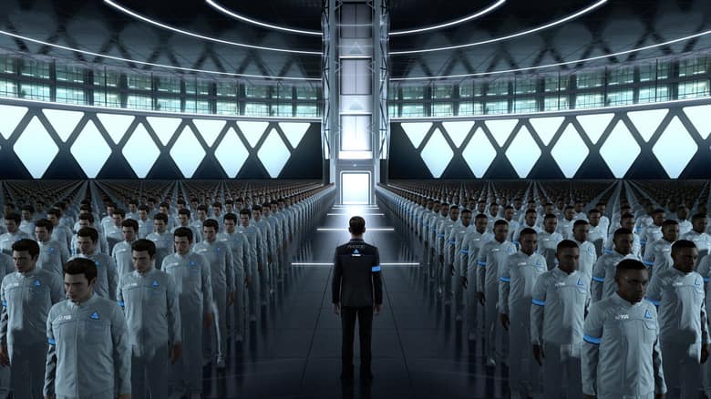 Un personnage en costume sombre marche dans une allée immense bordée de centaines d'androïdes en uniforme blanc