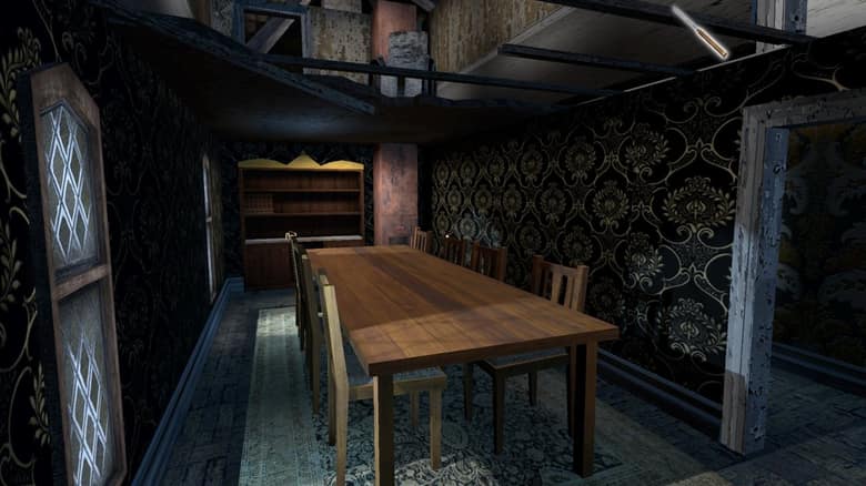 Salle à manger du manoir de Granny 3, avec une longue table en bois et du papier peint sombre