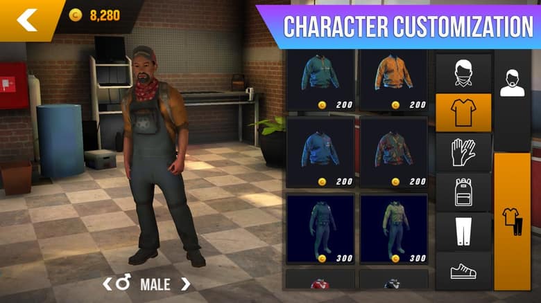 Personnage masculin en salopette dans un garage, à côté d'un menu de vestes et de tenues à acheter avec des pièces