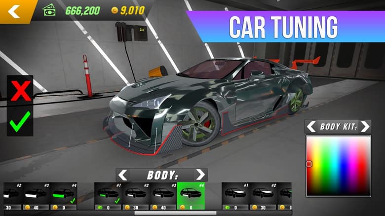 Garage de Car Parking Multiplayer avec une voiture grise en cours de modification de carrosserie et une palette de couleurs