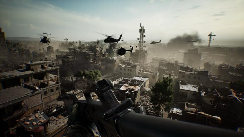 Rue en ruines sous la fumée dans la campagne Black Hawk Down, vue à la première personne avec un fusil