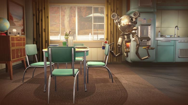 Une cuisine d'avant-guerre aux meubles colorés, avec le robot majordome Codsworth près de l'évier