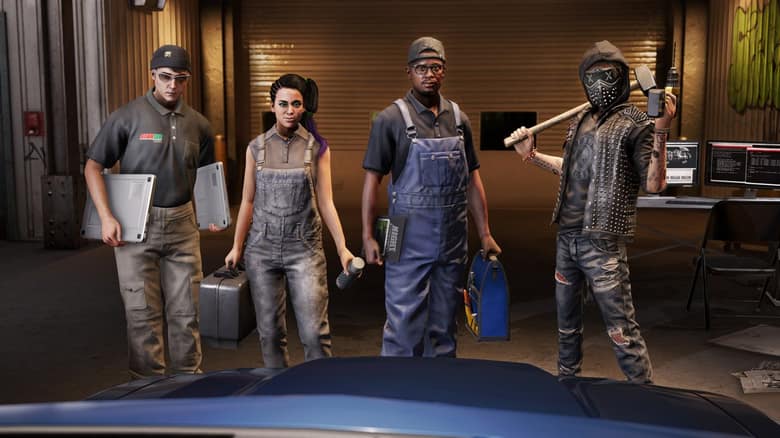 Quatre membres de DedSec posent dans leur atelier, dont un personnage au visage masqué