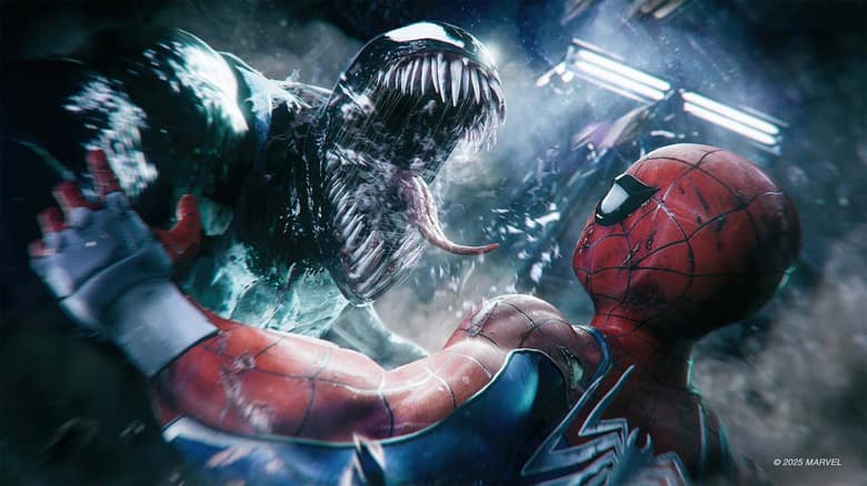 Spider-Man fait face à Venom, gueule ouverte, au milieu d'une explosion de débris