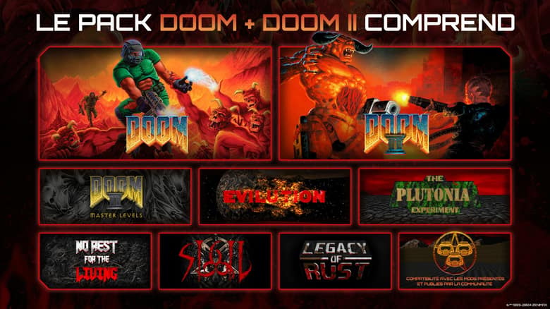Affiche officielle du pack Doom + Doom II montrant les jaquettes de Doom, Doom II et les logos des sept épisodes inclus