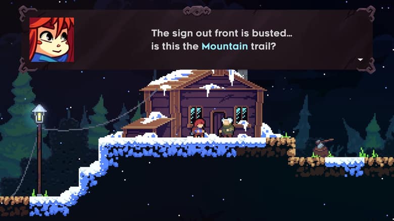 Madeline arrive de nuit au pied de la montagne enneigée, près d'une cabane, et demande si c'est le sentier de la montagne