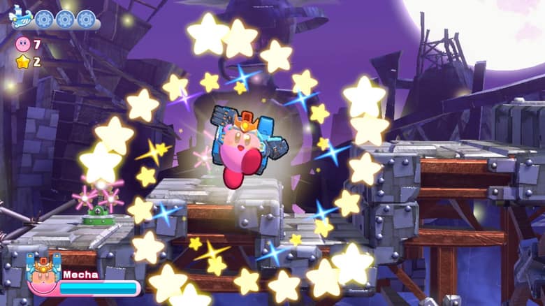 Kirby, coiffé d'un casque de robot, saute au milieu d'une pluie d'étoiles sur une plateforme en métal