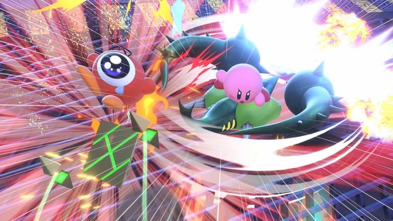 Kirby, sur une plante verte qui lui sert de monture, fonce sur un ennemi à un œil dans une course aux effets explosifs