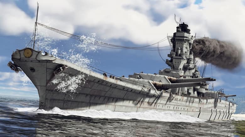 Un cuirassé gris fend les vagues, la fumée sortant de sa cheminée