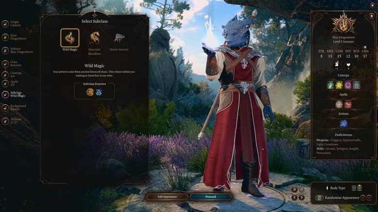 Écran de création de personnage : un sorcier drakéide bleu en robe rouge, entouré des menus de sous-classe et de sorts