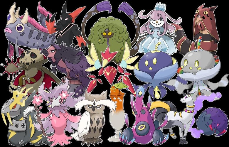 Grand groupe de formes régionales et de nouvelles évolutions de Pokémon Tectonic, dessinées sur fond noir