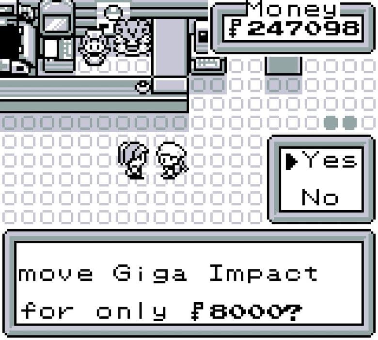 Un maître des capacités propose d'apprendre Giga Impact contre 8 000 Pokédollars
