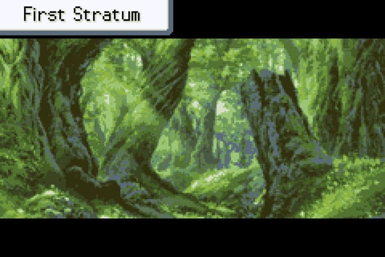 Écran de Pokémon Odyssey : une forêt dense vue en perspective, sous le titre « First Stratum »