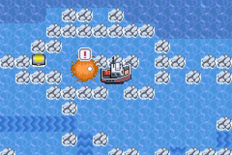 Exploration navale dans Pokémon Odyssey : un bateau entre des récifs, sur une mer parsemée d'îlots