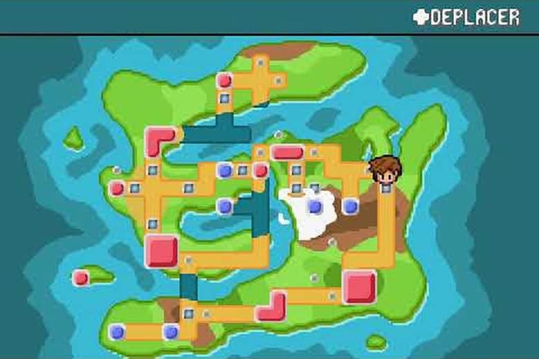 Carte de la région de Pokémon Éclat Pourpre V2, avec la position du héros et la commande Déplacer