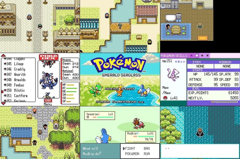 Mosaïque de captures de Pokémon Emerald Seaglass : villes de Hoenn, Pokédex, écran titre et combat contre un Piafabec, en style Game Boy Color