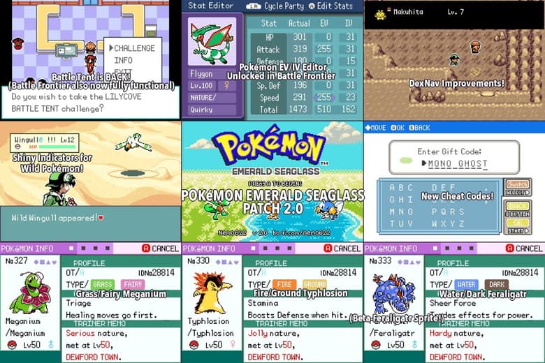 Mosaïque de captures de la version 2.0 de Pokémon Emerald Seaglass : Battle Tent, éditeur de statistiques, codes cadeaux et fiches de Méganium, Typhlosion et Aligatueur aux types modifiés