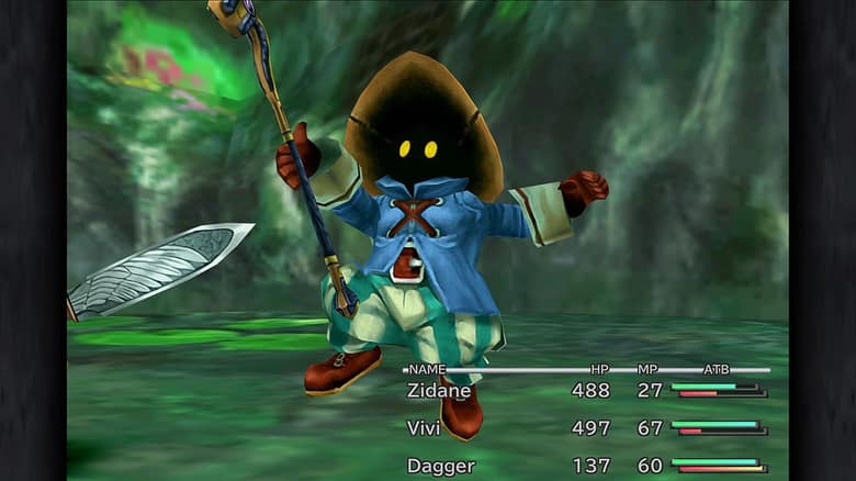 Vivi, mage noir au chapeau pointu, en plein combat dans Final Fantasy IX, les points de vie de l'équipe en bas de l'écran