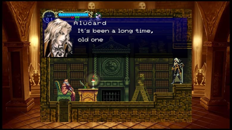 Alucard face à un personnage dans la bibliothèque du château, une bulle de dialogue en haut de l'écran