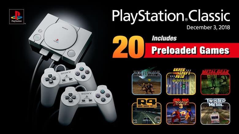 Visuel officiel de la PlayStation Classic avec deux manettes et six de ses jeux : Final Fantasy VII, Grand Theft Auto, Metal Gear Solid, Ridge Racer Type 4, Tekken 3 et Twisted Metal