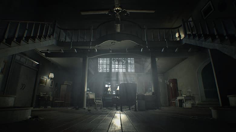 Hall d'entrée sombre de la maison des Baker dans Resident Evil 7