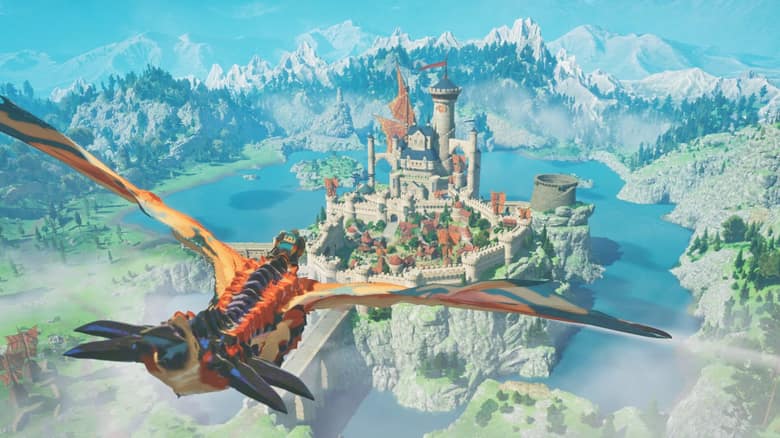 Un Rider vole sur le dos d'un monstre au-dessus d'un château dans Monster Hunter Stories 3