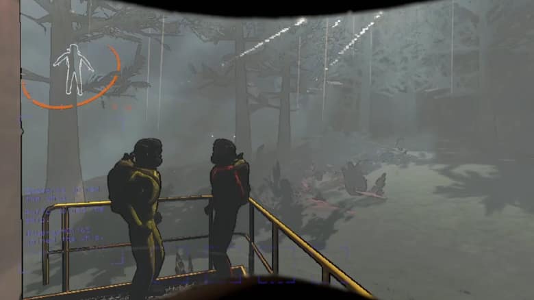 Deux employés en combinaison sur le vaisseau, dans le brouillard d'une lune de Lethal Company