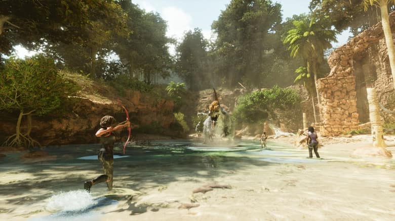 Des survivants chassent à l'arc dans une rivière de ARK: Survival Ascended